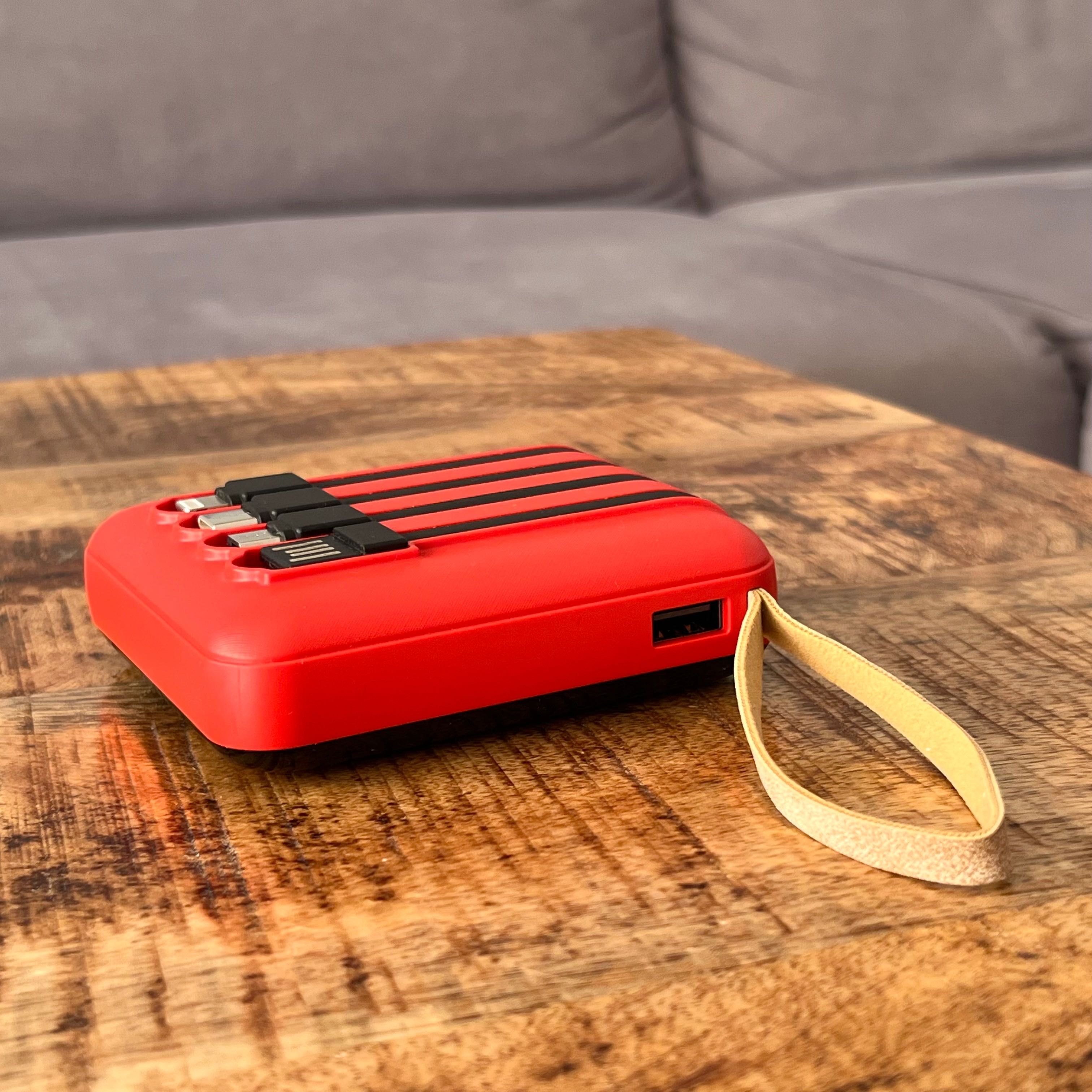 Mini powerbank 5000 mAh, z 4 wbudowanymi kablami USB-C, microUSB...