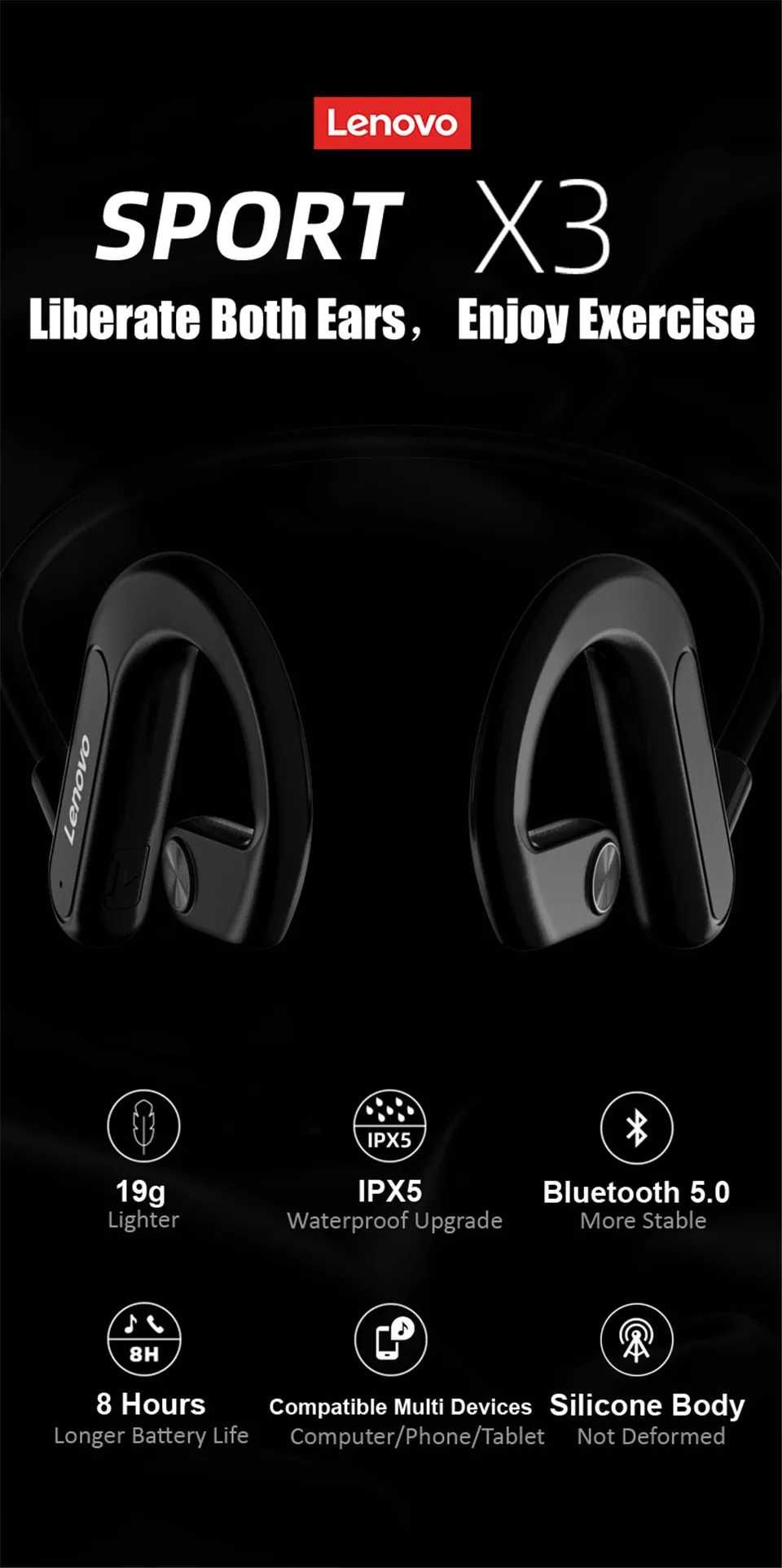Lenovo X3  Słuchawki bezprzewodowe.Do biegania wspinaczki i wszelakich