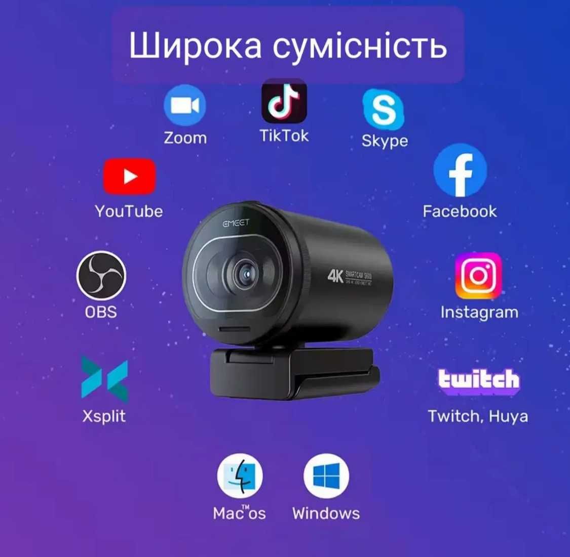 Веб камера EMEET S600, 4k, 2 стерео микрофона
