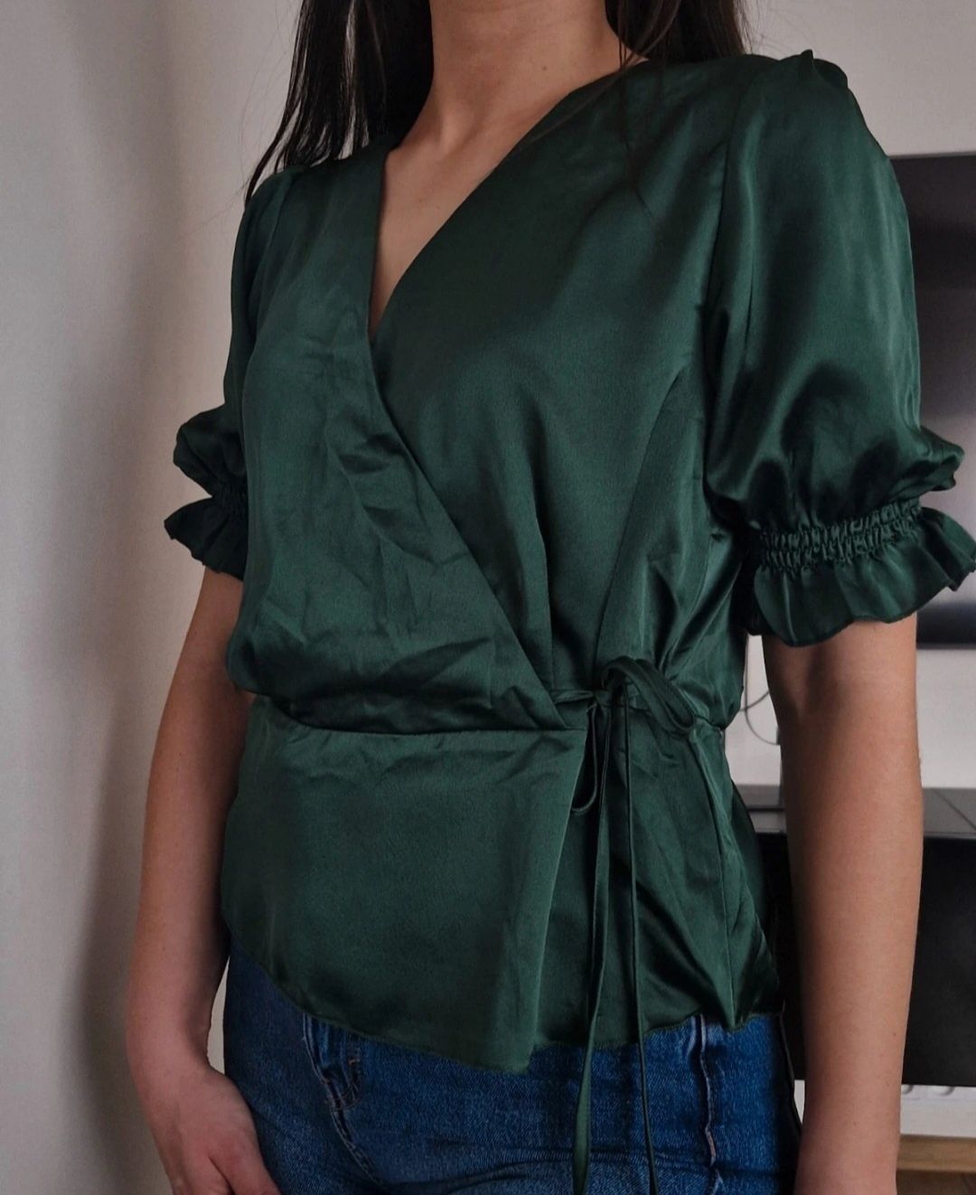 Bluzka damska Satynowa Butelkowa zieleń bluzka kopertowa New Look