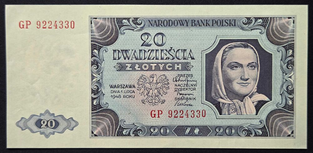 Banknot Polska PRL 20 Złotych 1948 r. Seria GP Stan I UNC Chłopka