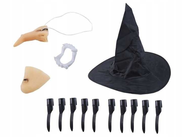Komplet czarownicy kapelusz nos pazury hallowen bal strój