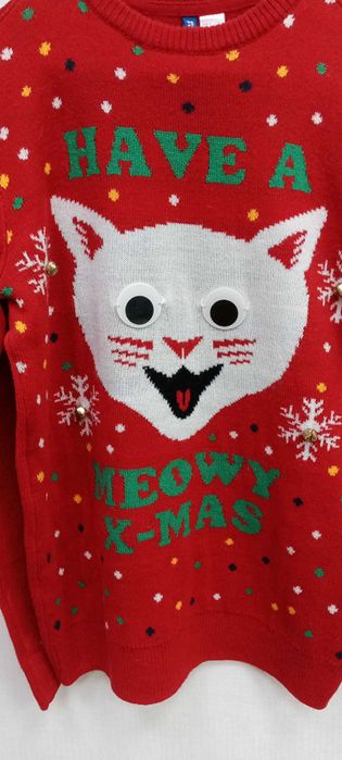 Різдвяний новорічний светр з білим  котом і дзвіночками H&M Divided.
