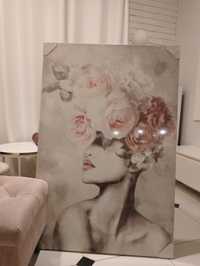 Obraz kobieta kwiaty różowe szare 120x80