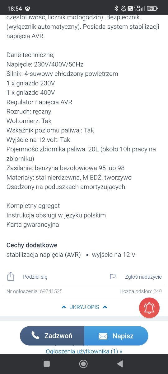 Agregat prądotwórczy inwertorowy 6.9 kw stabilizacja napięcia AVR NOWY