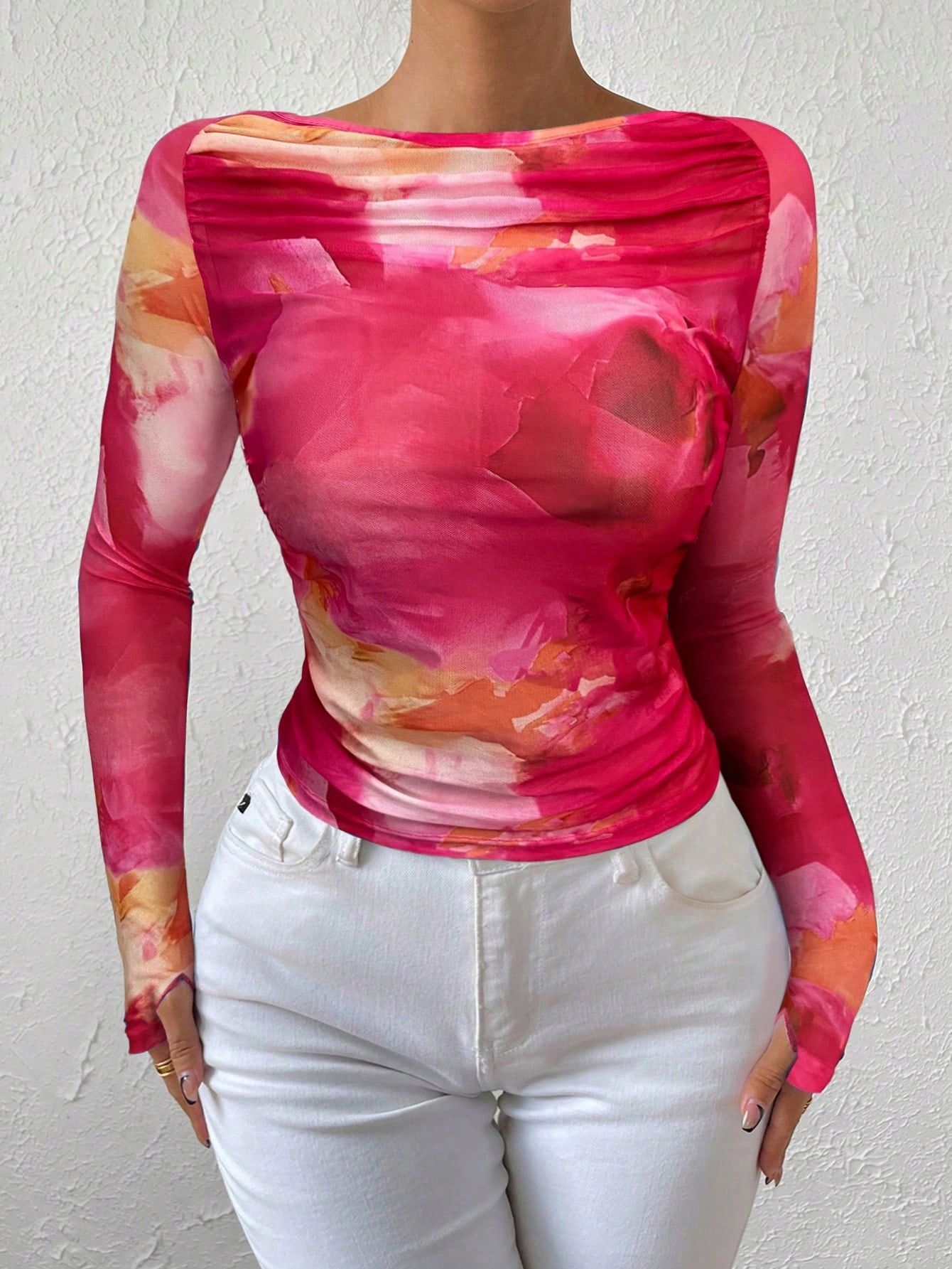 Top Sexy Siateczkowy Marszczony Tie Dye Różowy Shein M 38