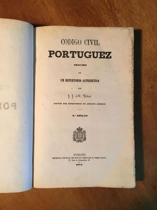 CÓDIGO CIVIL PORTUGEZ 1874 - Porto - rept. alphabetico - regulamentos