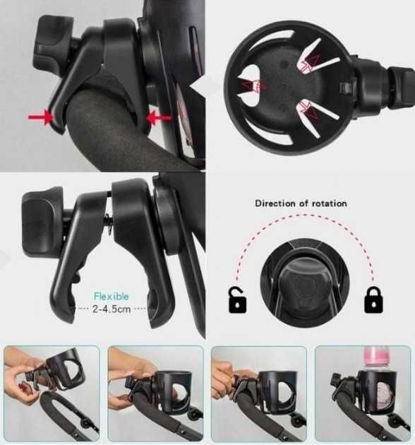 Uniwersalny uchwyt 360° na kubek i butelkę do wózka dziecięcego