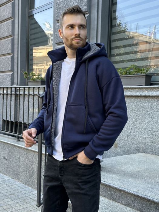 Чоловіча зимова кофта на хутрі з капюшоном 42-56 S M L Xl 2XL чорна