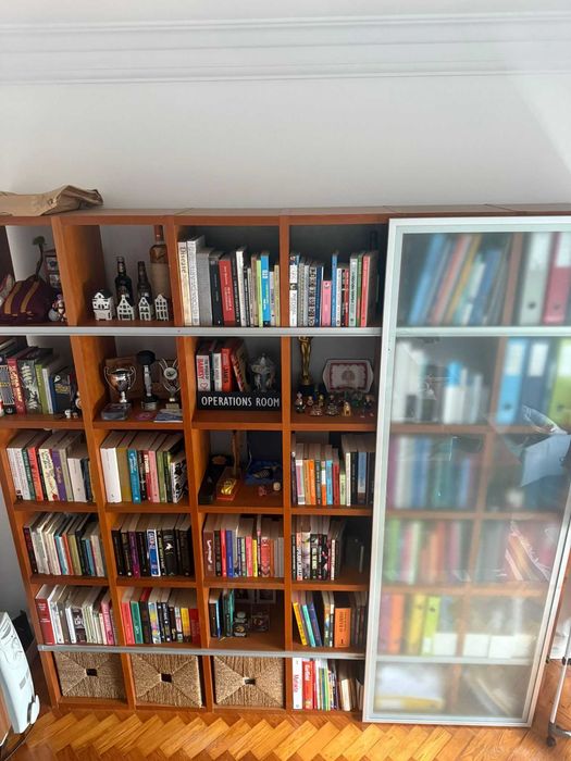 Estante modular em madeira com porta de vidro
