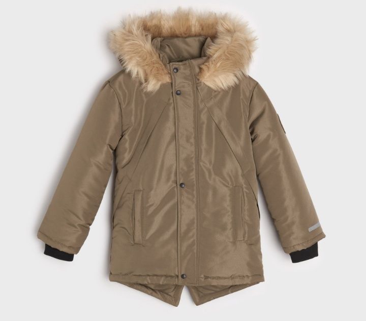 Gruba ocieplana kurtka parka oliwkowa khaki baranek na suwak 164
