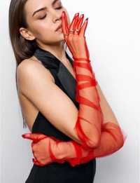 Фатинові червоні довгі рукавички з фатину для фотосесії/під сукню