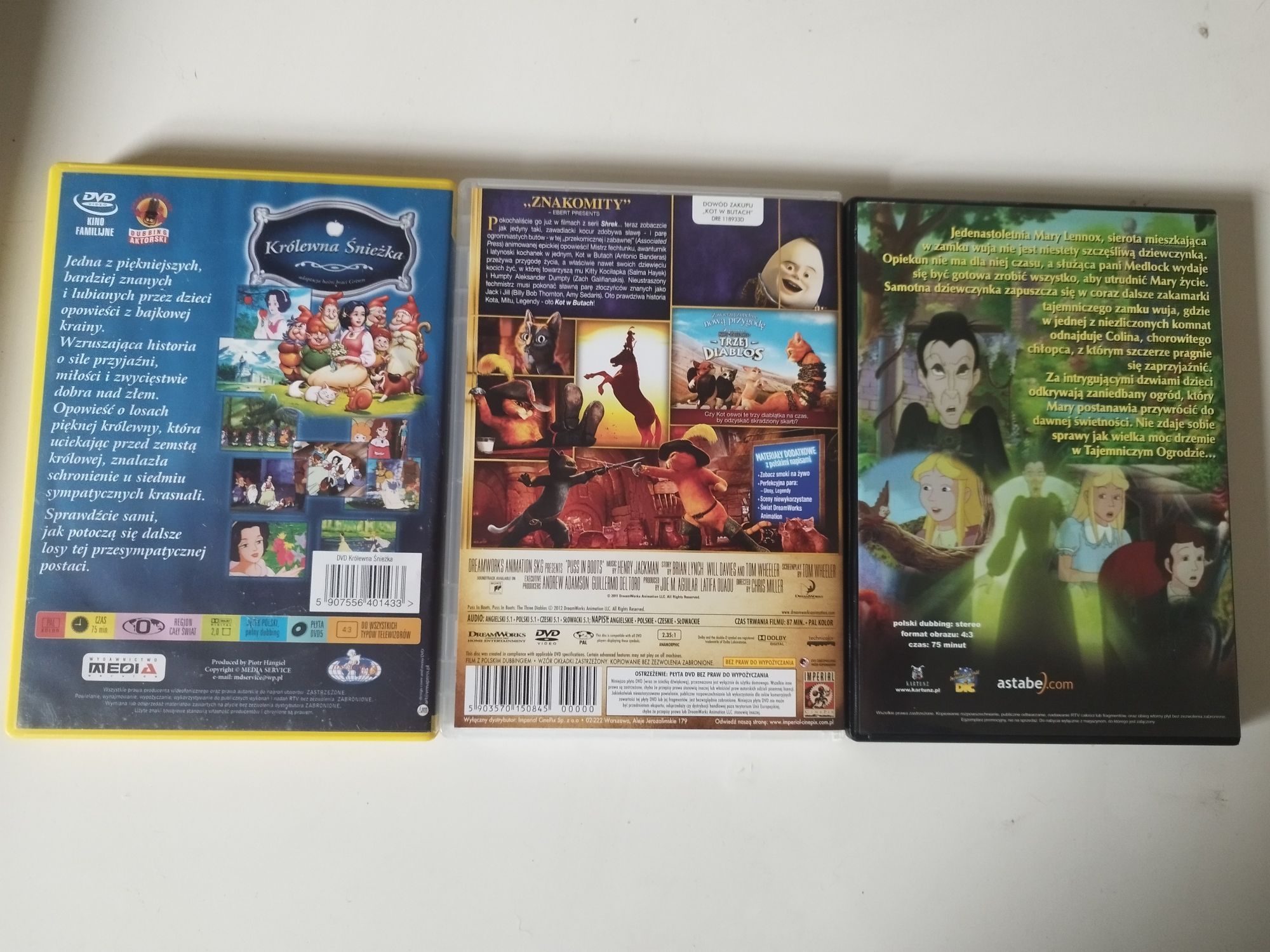 3filmy: Kot w butach, Królewna Śnieżka, Tajemniczy ogród