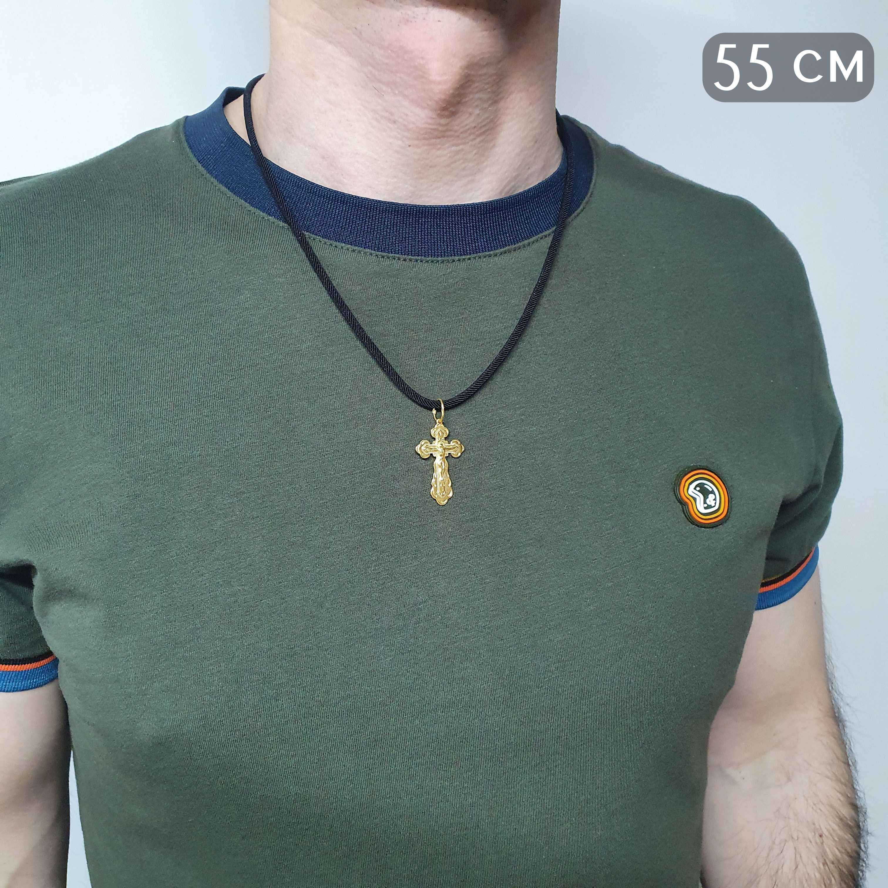 Середній срібний хрест чоловічий шовковий шнур 3 мм позолота 585