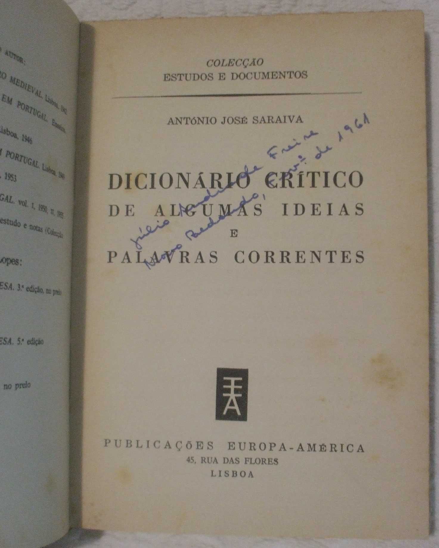 Dicionário crítico de algumas ideias e palavras correntes, A J Saraiva