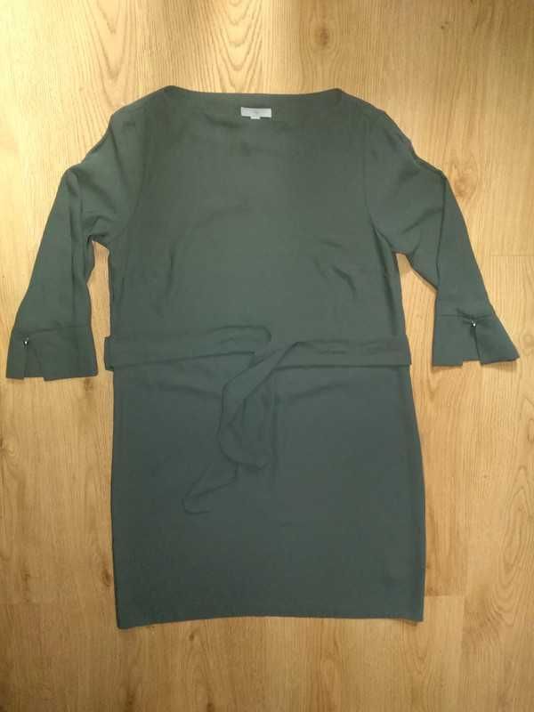 Sukienka khaki h&M 42 XL rękaw 3/4 mankiety pasek prosta koszulowa