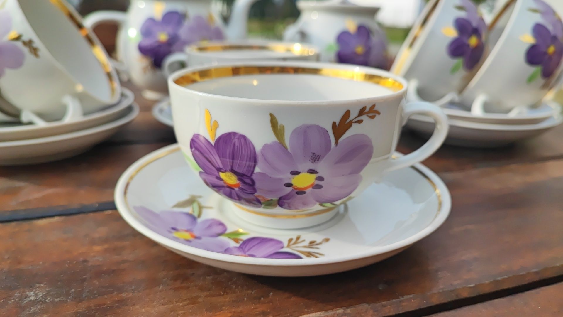 Vintage od 1970 lat  Serwis do herbaty ręcznie malowany, złocenia ZSRR