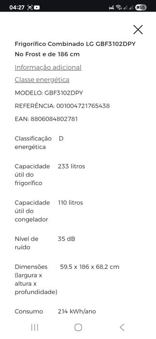Frigorífico Combinado LG GBF3102DPY No Frost e de 186 cm - Prime Silve