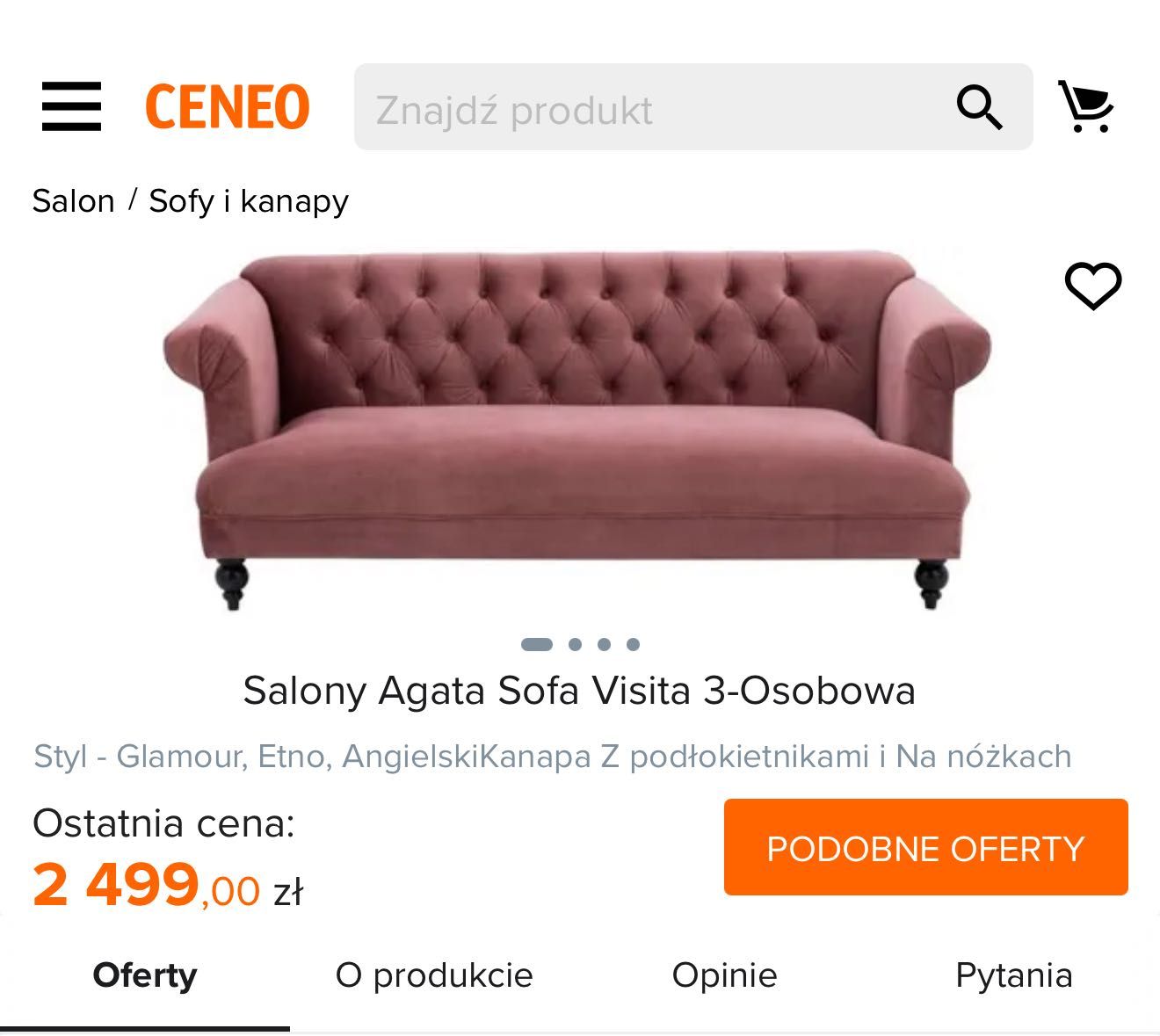 Sofa welur pudrowy róż jak nowa
