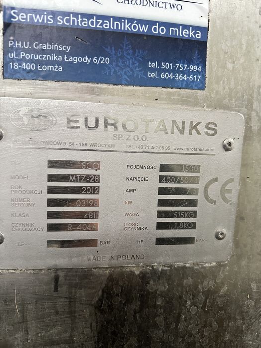 Zbiornik mleka 1500l wannowy