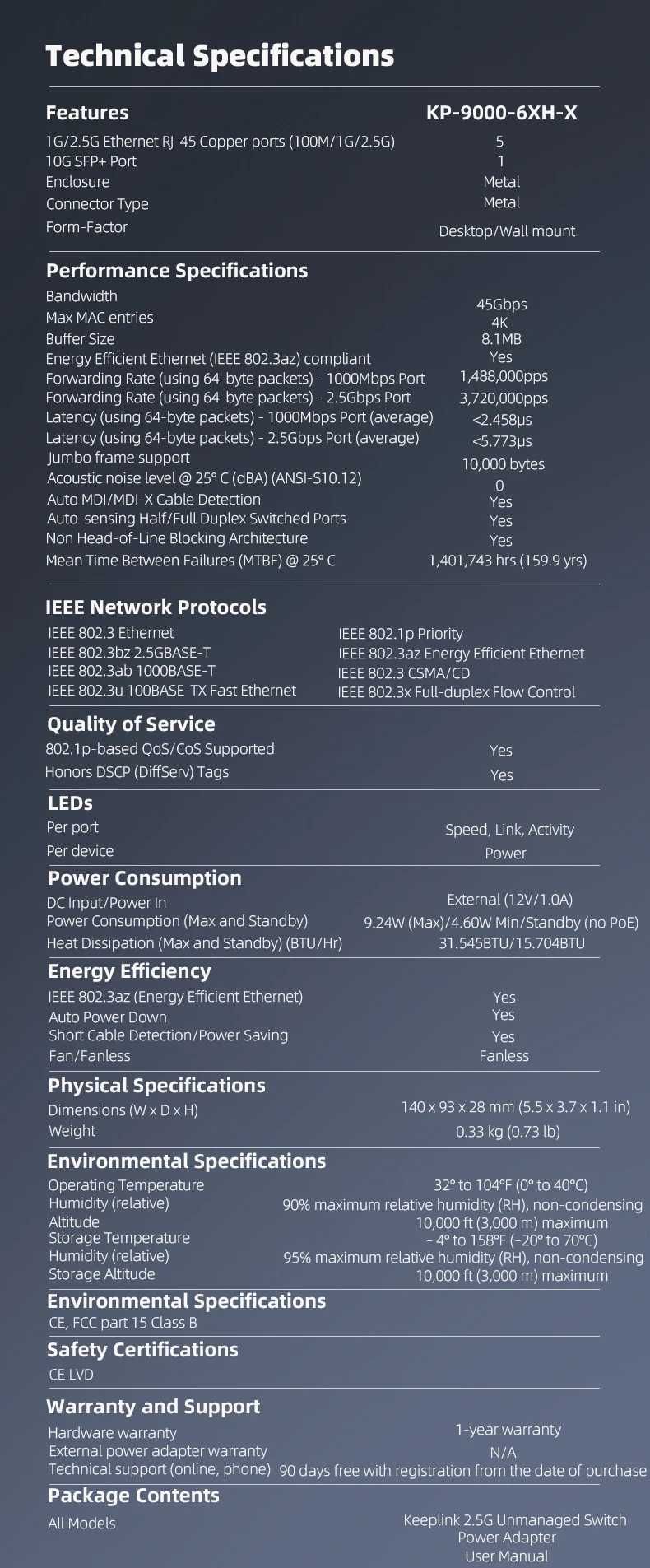 KeepLink 5-п.   2,5 Гбіт/с  +1   10G SFP+  мережевий комутатор.