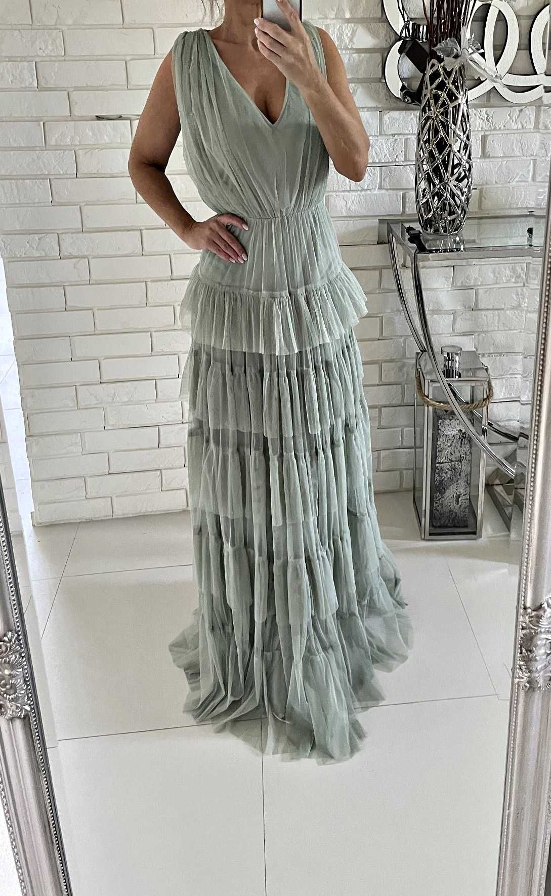 Sukienka maxi tiulowa falbany 42 44 wesel ślub Zalando asos