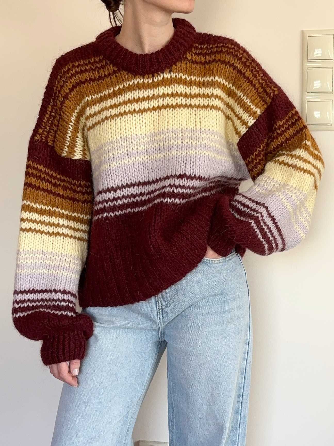 Sweter wełniany oversize Zara S bordowy paski