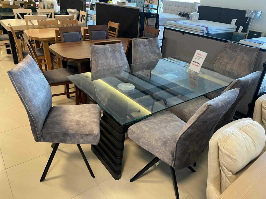 (100WN) Stół z szybą + 6 krzeseł obrotowych, wyprzedaż 1999 zł