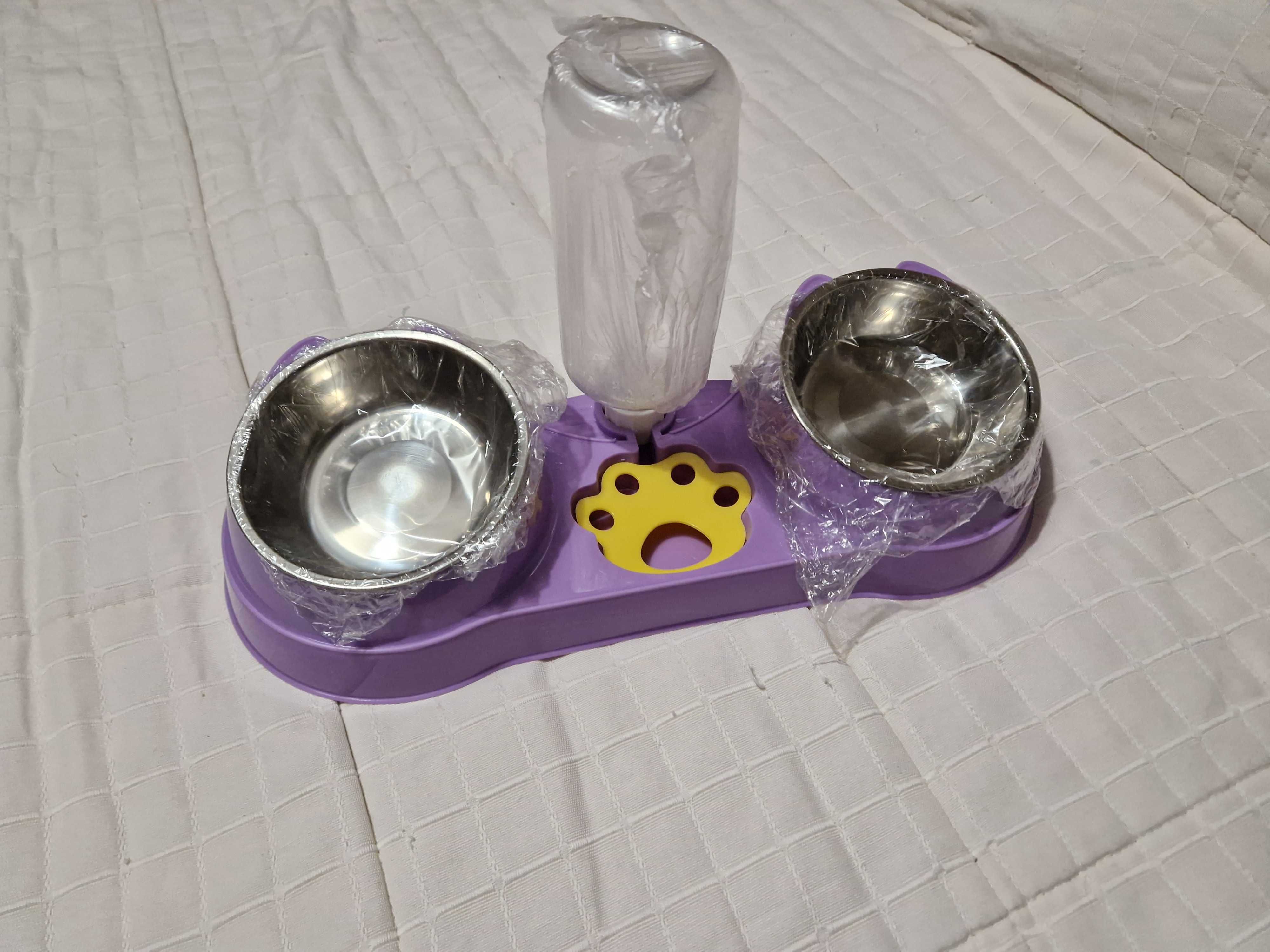 Comedouro Duplo com Dispensador Água para Animais Domésticos