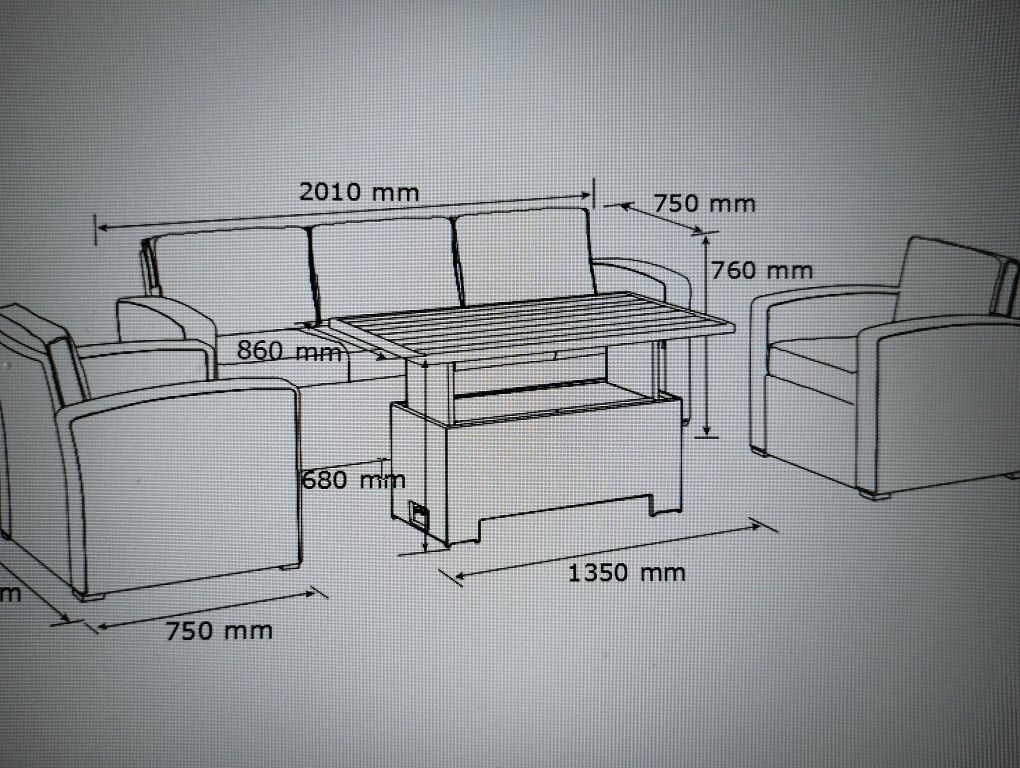 Meble ogrodowe duża sofa stół i dwa fotele.