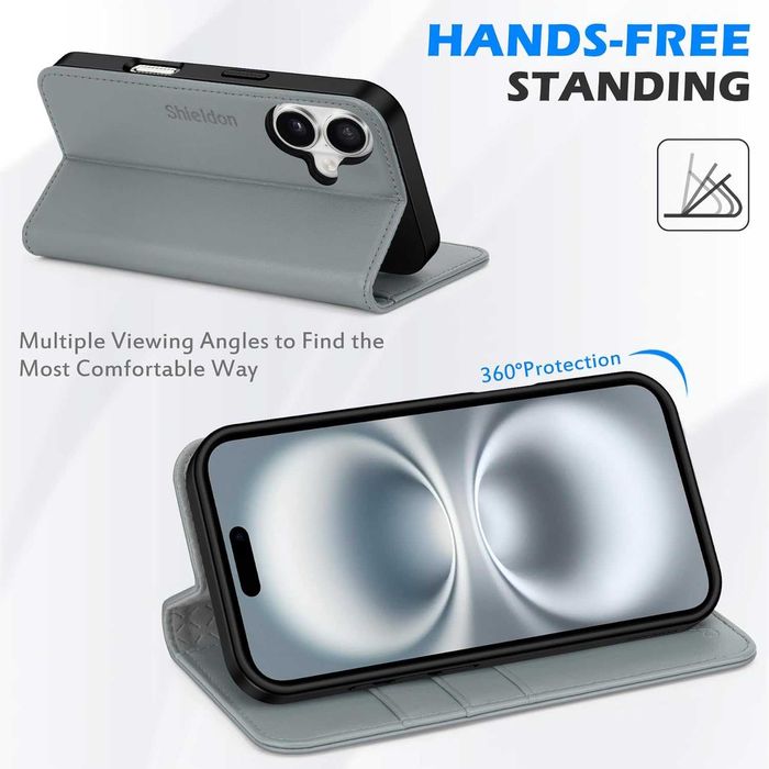 Shieldon naturalne etui skórzane z klapką iPhone 16 portfel RFID szare