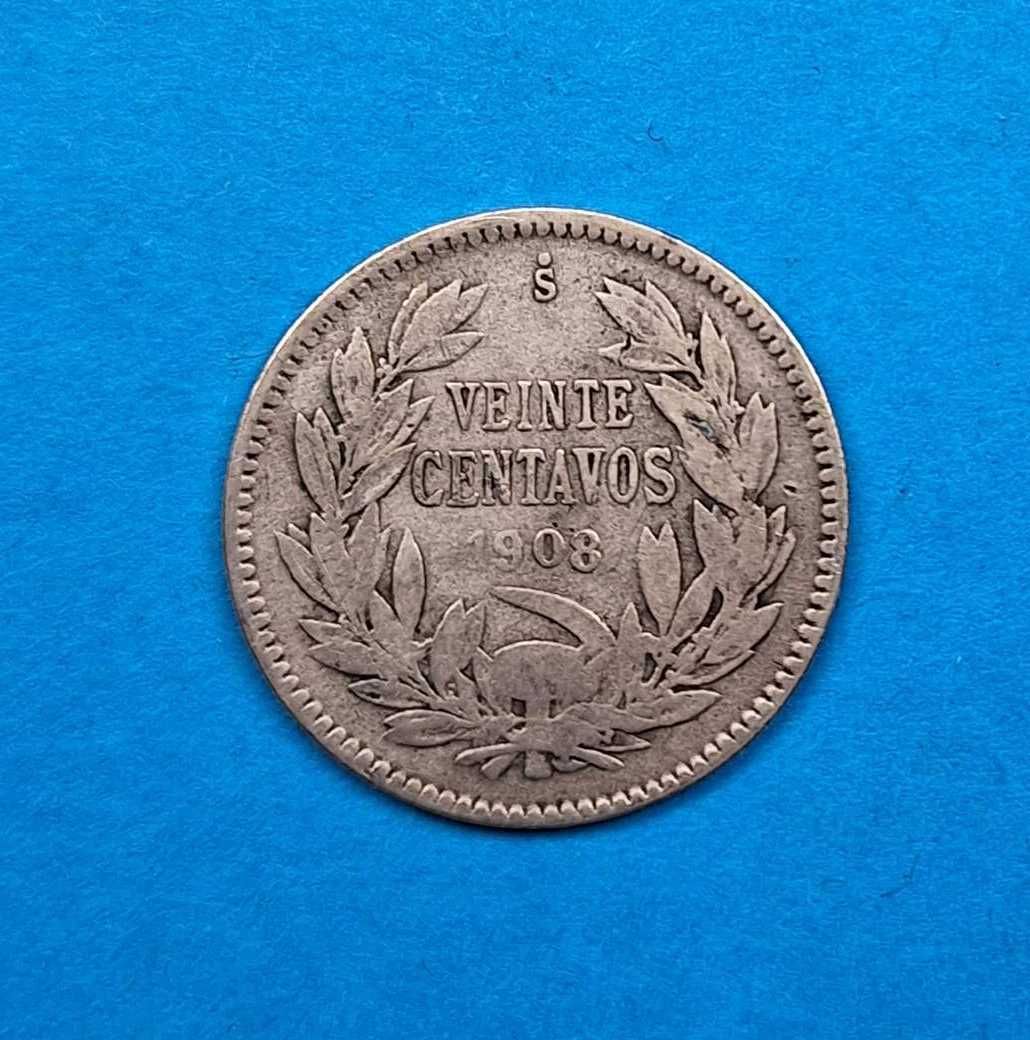 Chile 20 centavo rok 1908, dobry stan, srebro 0,400