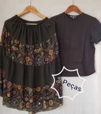 Conjunto Saia rodada e T-shirt caqui