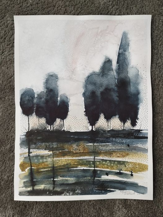 "Pejzaż jesieni" zestaw 3 akwareli o dużym formacie 30×40 cm. Unikat