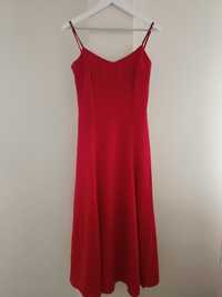 Długa czerwona sukienka na ramiączkach Midi elegancka wesele 40 L