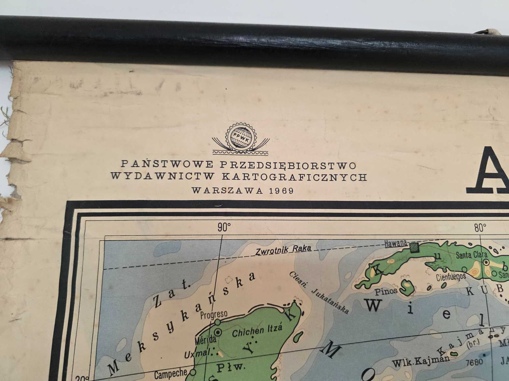 mapa wisząca ścienna Ameryka Południowa 1969 rok