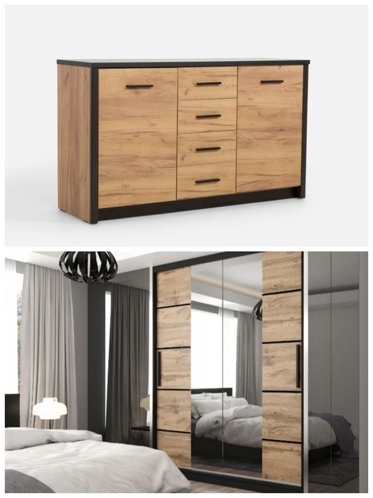 Zestaw mebli szafa z lustrami + komoda w kolorze złoty dąb craft