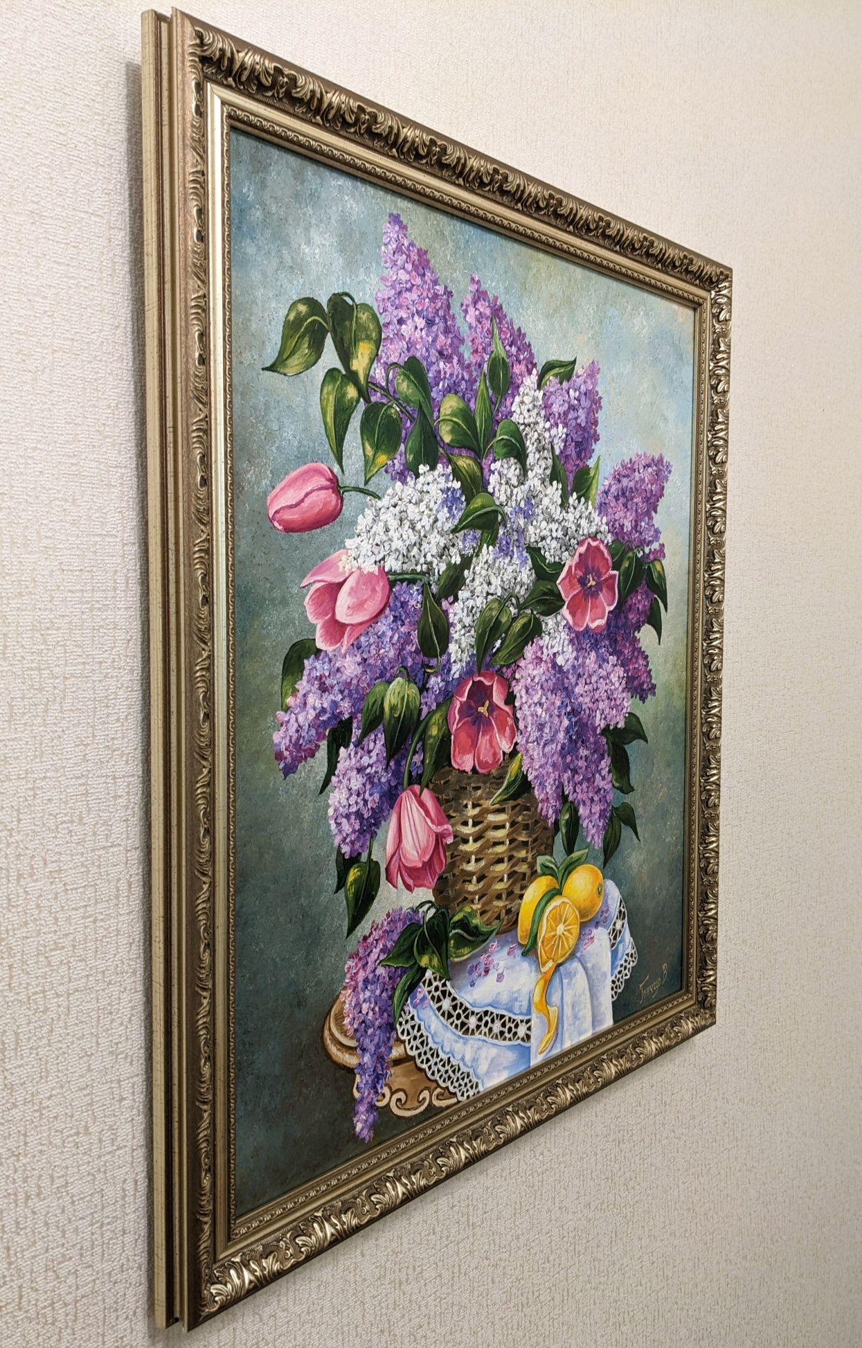 Картина на полотні, букет (бузок, тюльпани) 50×60 см
