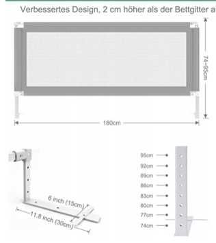 barierka 180cm x 90cm blokada ochronna na łóżko bramka jasno szara