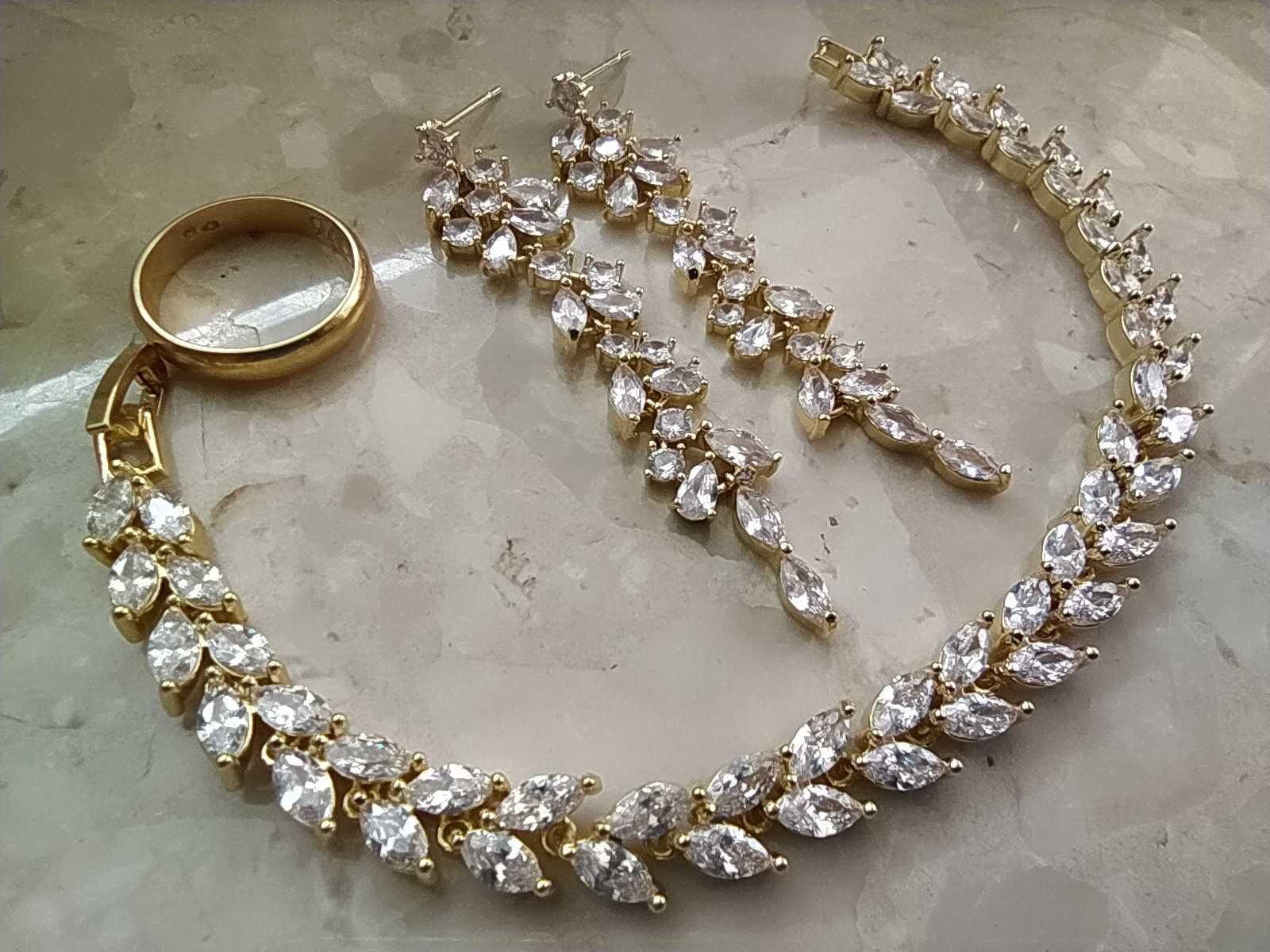 Złoty komplet kolczyki bransoletka z kryształkami ślubne