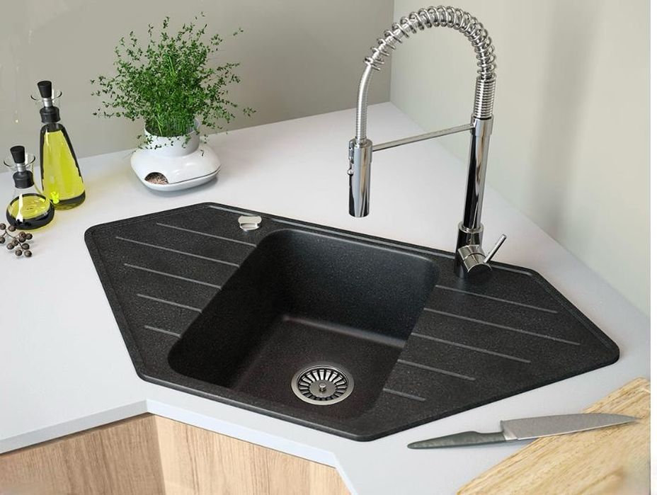 Narożny zlewozmywak granitowy Lavello Decoro 4.0 - czarny metalik