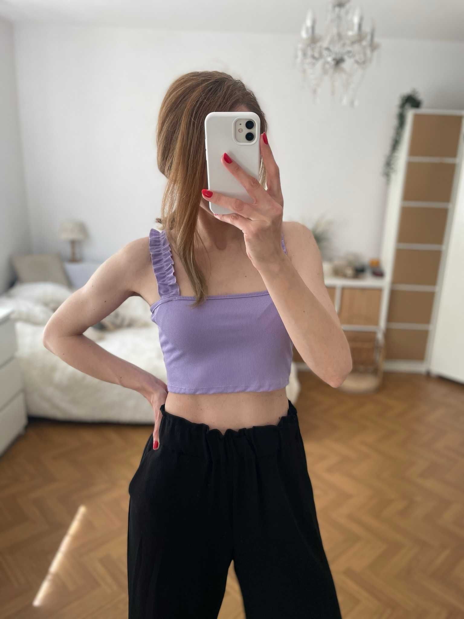 Crop top wrzosowy liliowy fioletowy prążek falbany letni y2k S 36 M 38