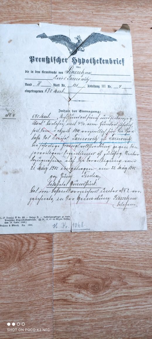 Pruski list hipoteczny księga wieczysta 1905 rok