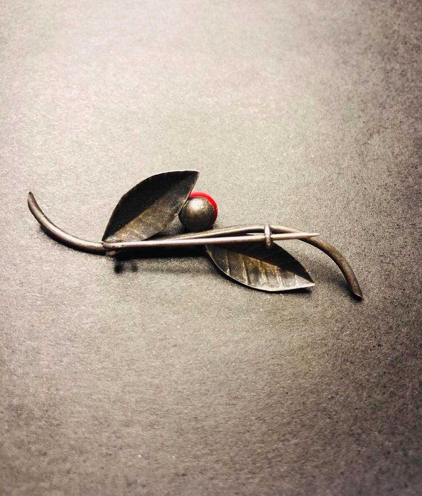 Stara Srebrna Broszka Srebro Koral Vintage