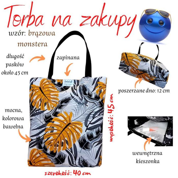Torba na zakupy Bawełniana "Brązowa Monstera" – EKO Shopperka na Ramię