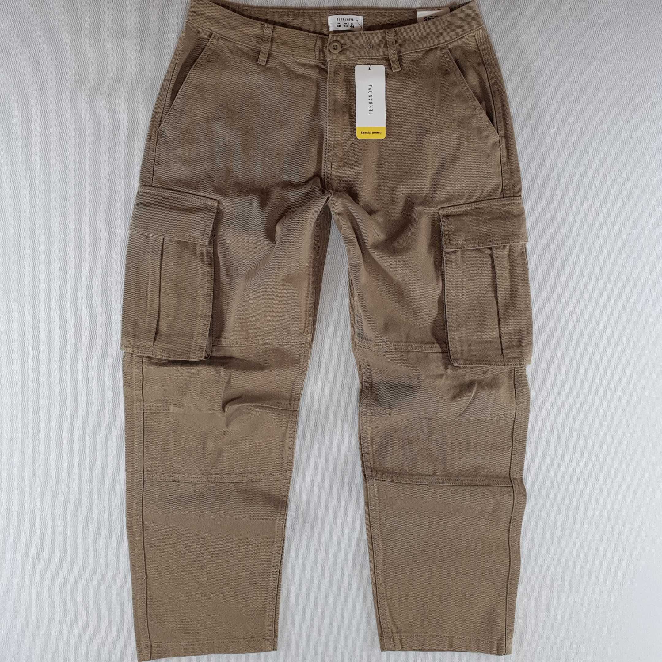 TERRANOVA spodnie jeans musztardowe bojówki szerokie nogawki W33 86cm