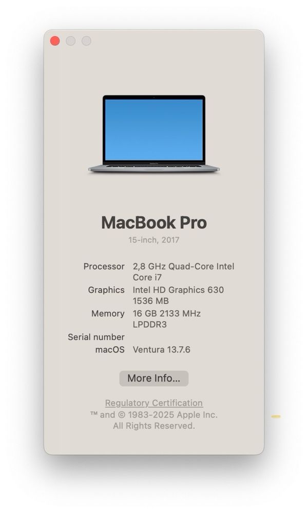 MacBook Pro 15” (2017) – i7 / 16GB RAM / 256GB SSD