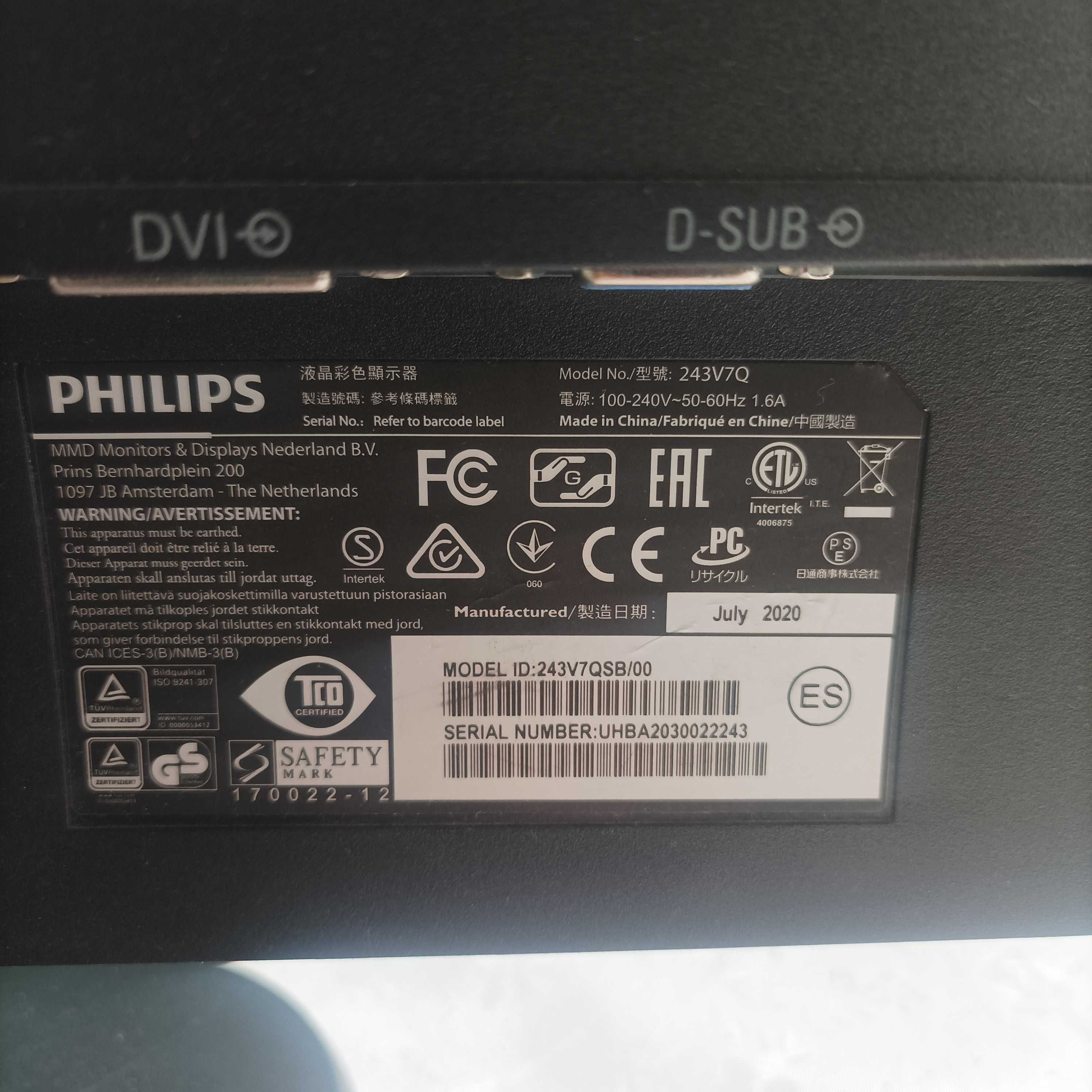 Monitor PHILIPS 243V7QSB100 23.8cal