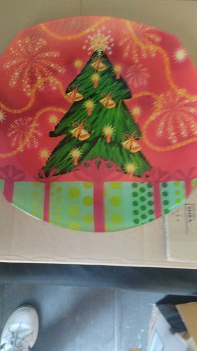 Prato de natal em vidro com espátula de vidro com 30 cm largura  novo