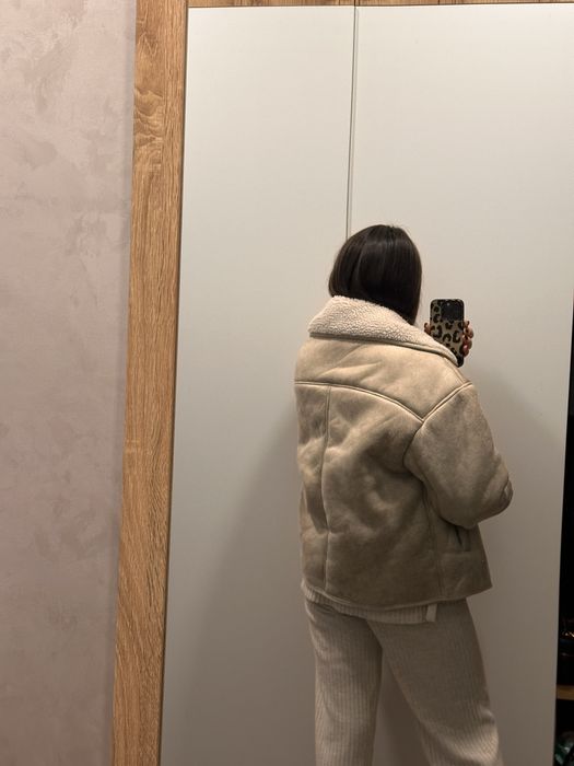 Трендова  дублянка світла бежева оверсайз куртка верхнійодяг дубльонка